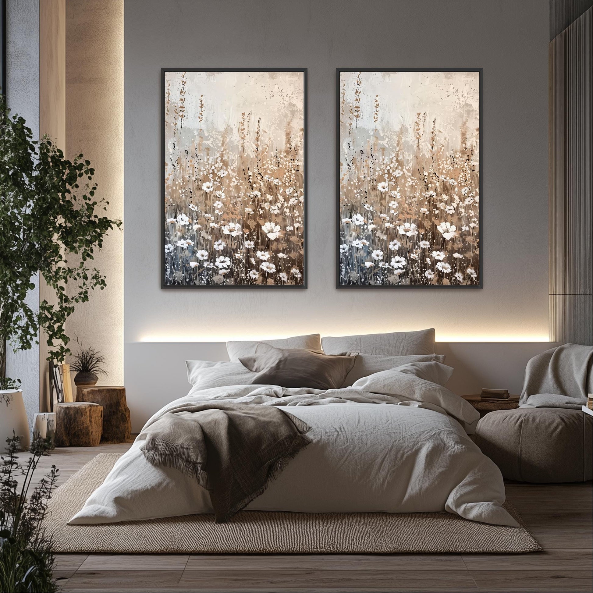 a serene and modern bedroom with a large bed, a wooden headboard, and two framed paintings of flowers on the wall above it.