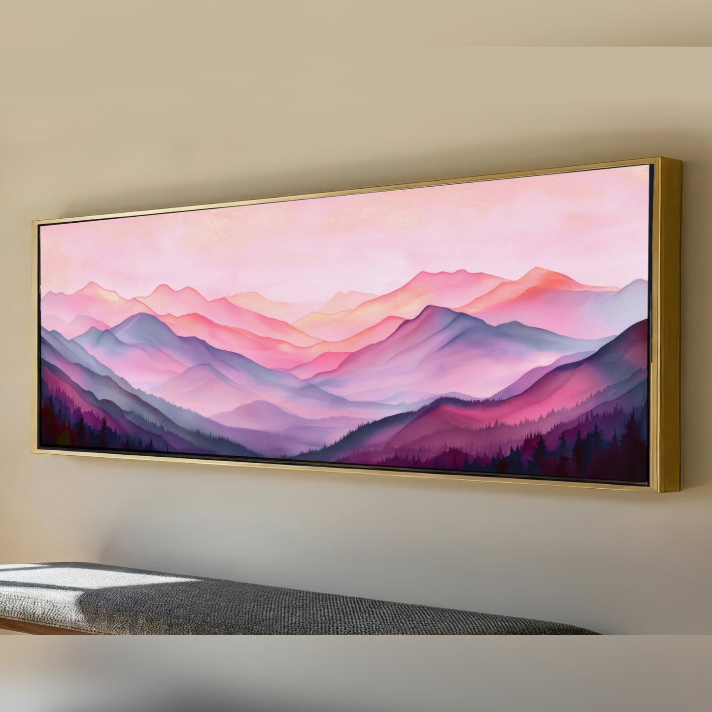 a large, framed painting of a mountainous landscape with a vibrant, colorful sky.