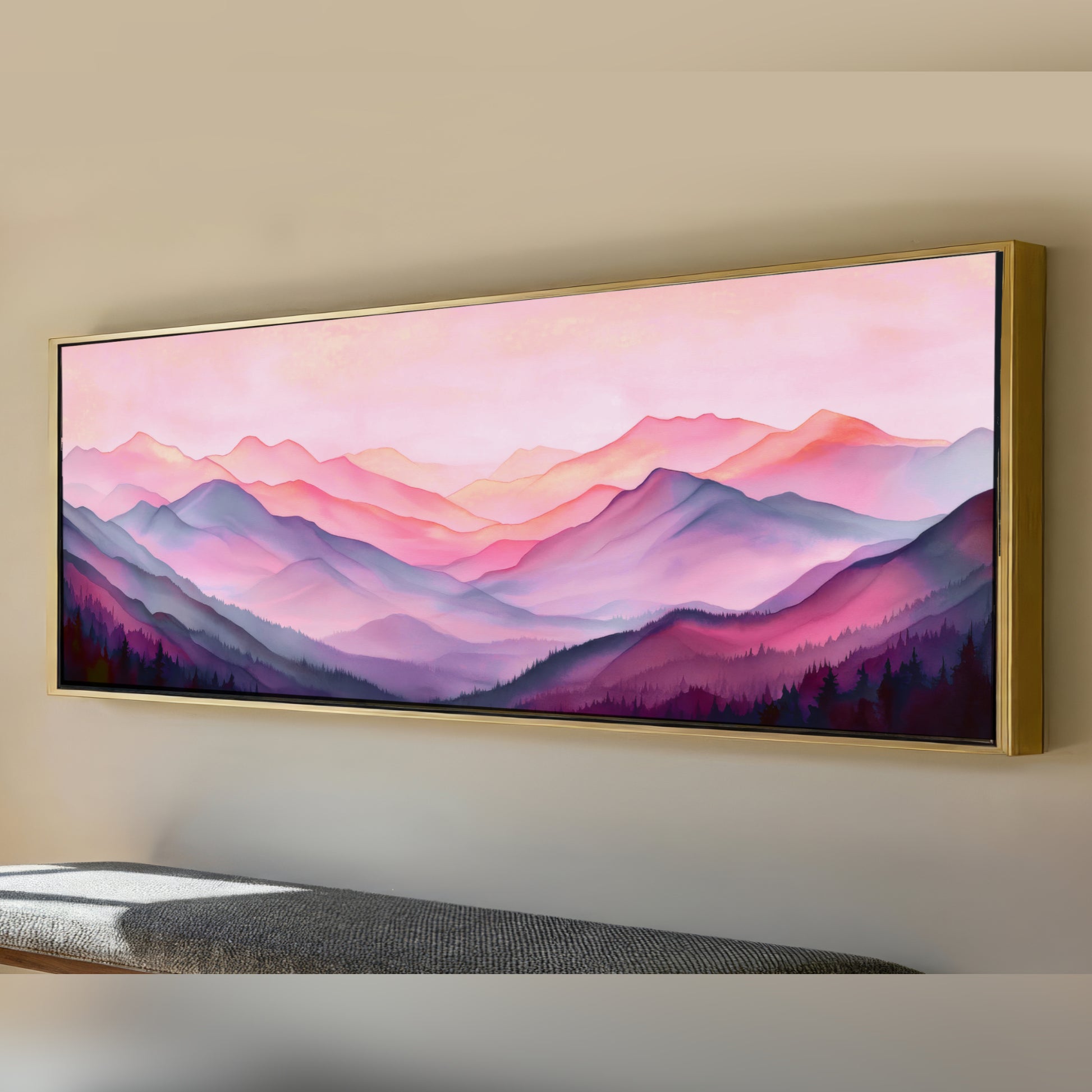 a large, framed painting of a mountainous landscape with a vibrant, colorful sky.