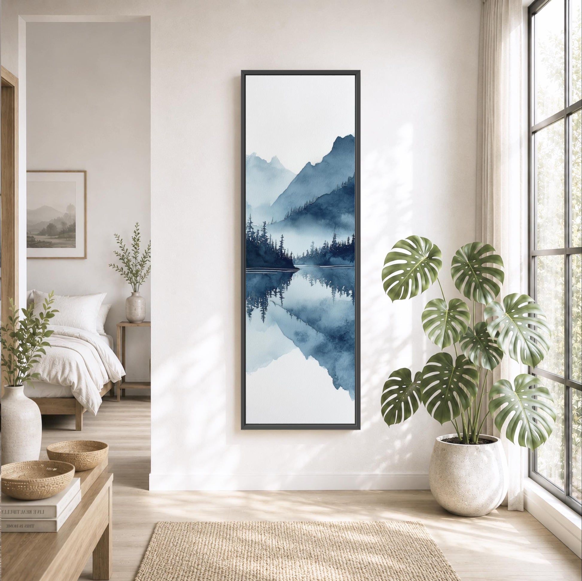 a serene and modern living room with a large window, a painting of a mountain landscape, and various potted plants.