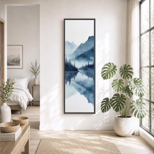 a serene and modern living room with a large window, a painting of a mountain landscape, and various potted plants.