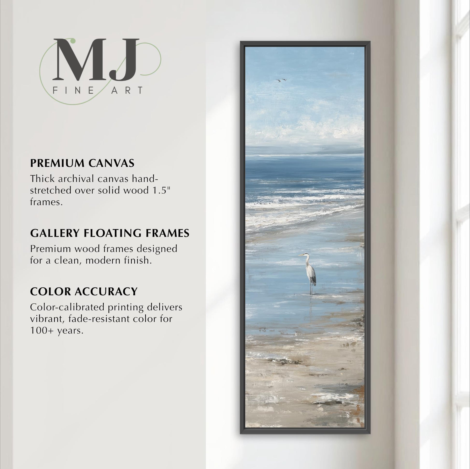 a tall, narrow, and thin framed painting of a seagull standing on the beach, with the ocean in the background. The painting is a gallery floating frame, which is a type of frame designed for modern art and photography. The frame is made of premium wood and has a clean, modern finish. The painting is color accurate, which means the colors in the painting are true to the original colors, and the color-calibrated printing delivers vibrant, fade-resistant color for 100 years.