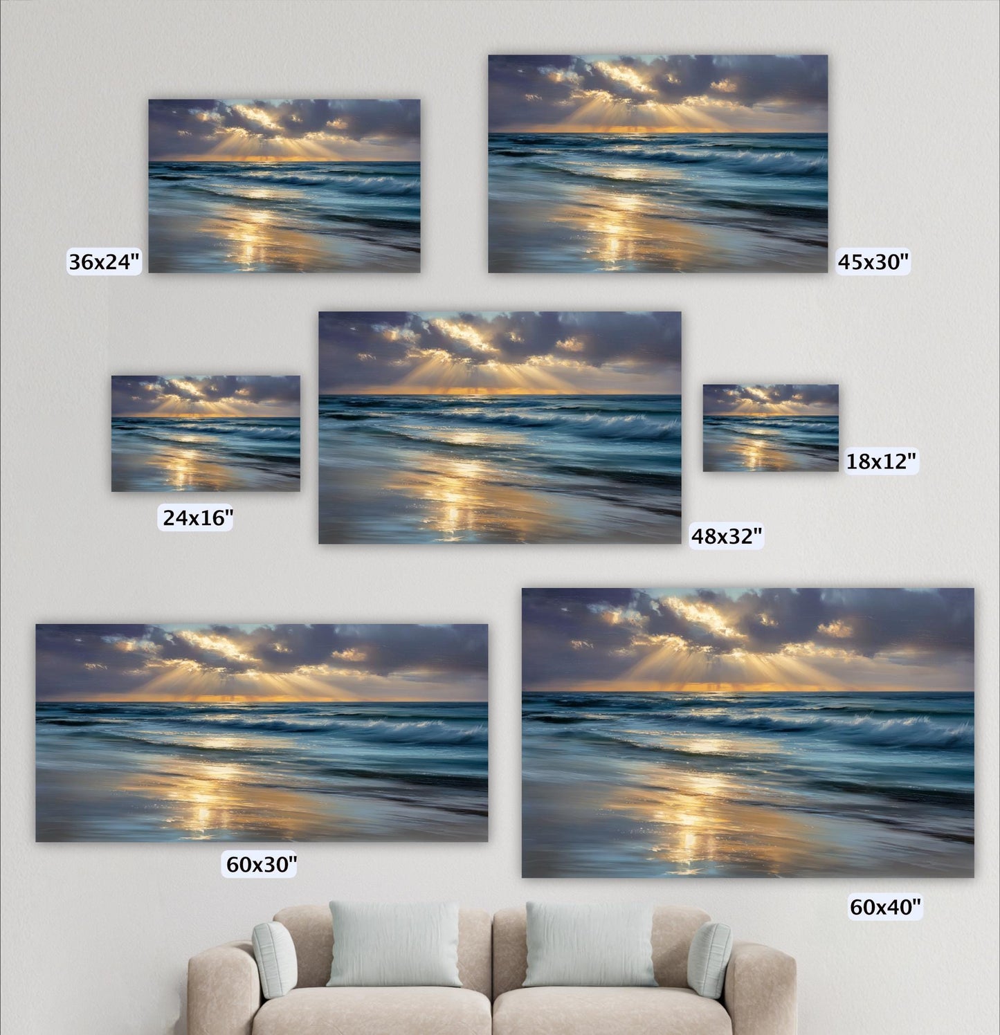 a collection of five framed landscape photographs depicting serene beach scenes with the ocean and sky. The photographs vary in size, ranging from 36x24 inches to 48x32 inches. The largest photograph is 60x30 inches, while the smallest is 60x40 inches. The images are arranged on a wall, with a couch in the foreground.