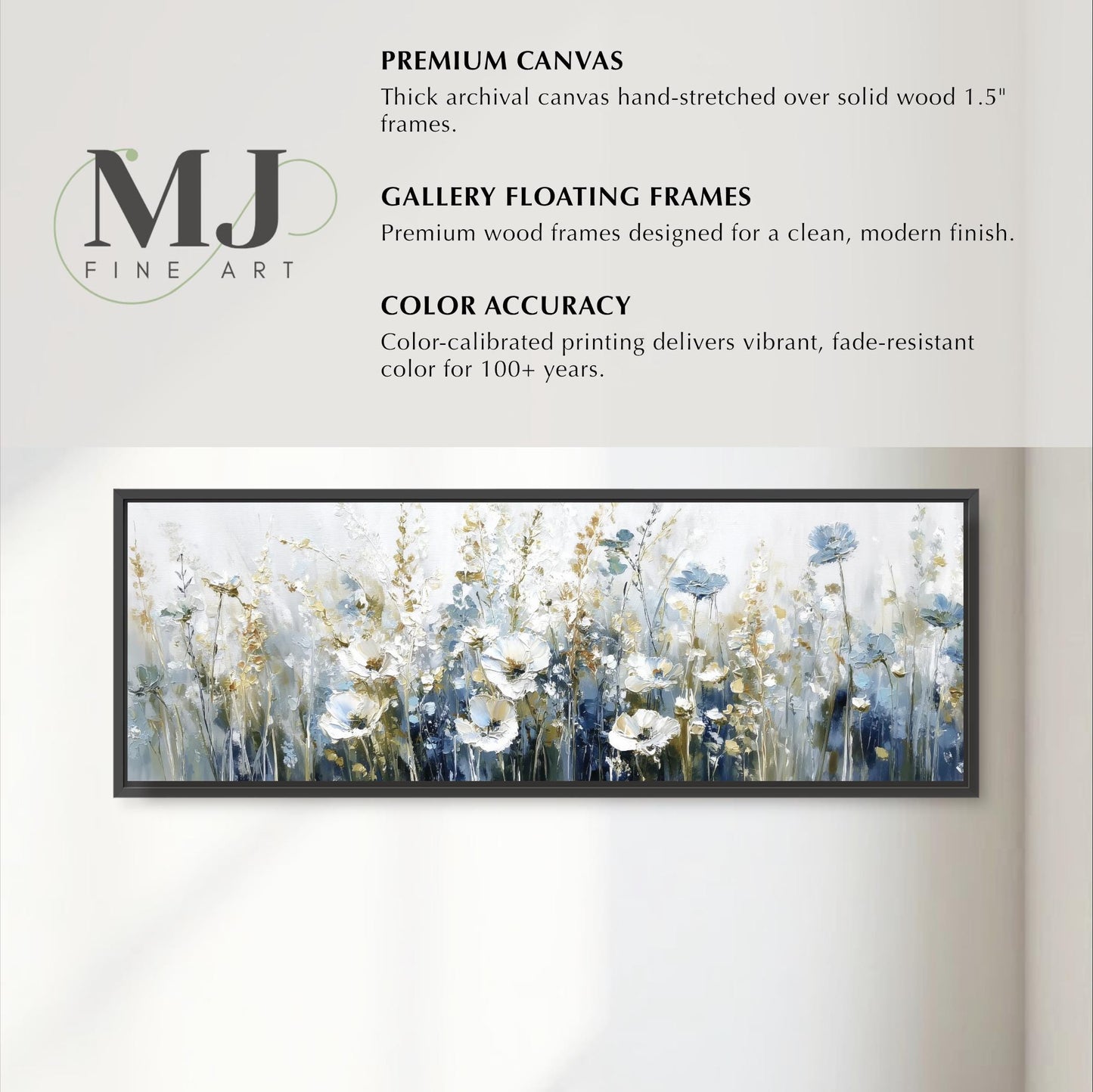 The image is a promotional poster for MJ Fine Art, featuring a large painting of flowers in a frame. The poster highlights the premium quality of the artwork, including the use of premium materials and the artist's attention to detail.