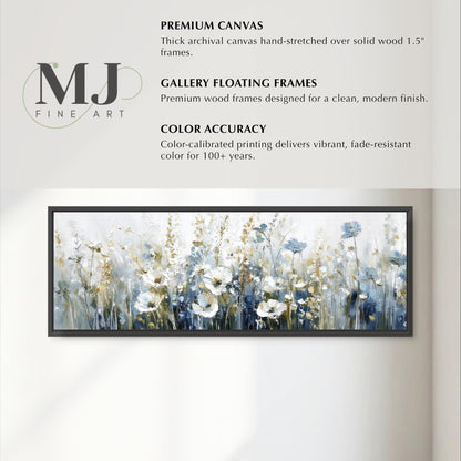 The image is a promotional poster for MJ Fine Art, featuring a large painting of flowers in a frame. The poster highlights the premium quality of the artwork, including the use of premium materials and the artist's attention to detail.