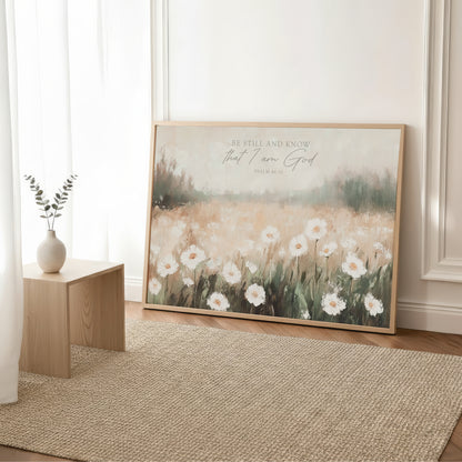 a large framed print of a field of white flowers, with a vase of greenery placed next to it on a wooden table.