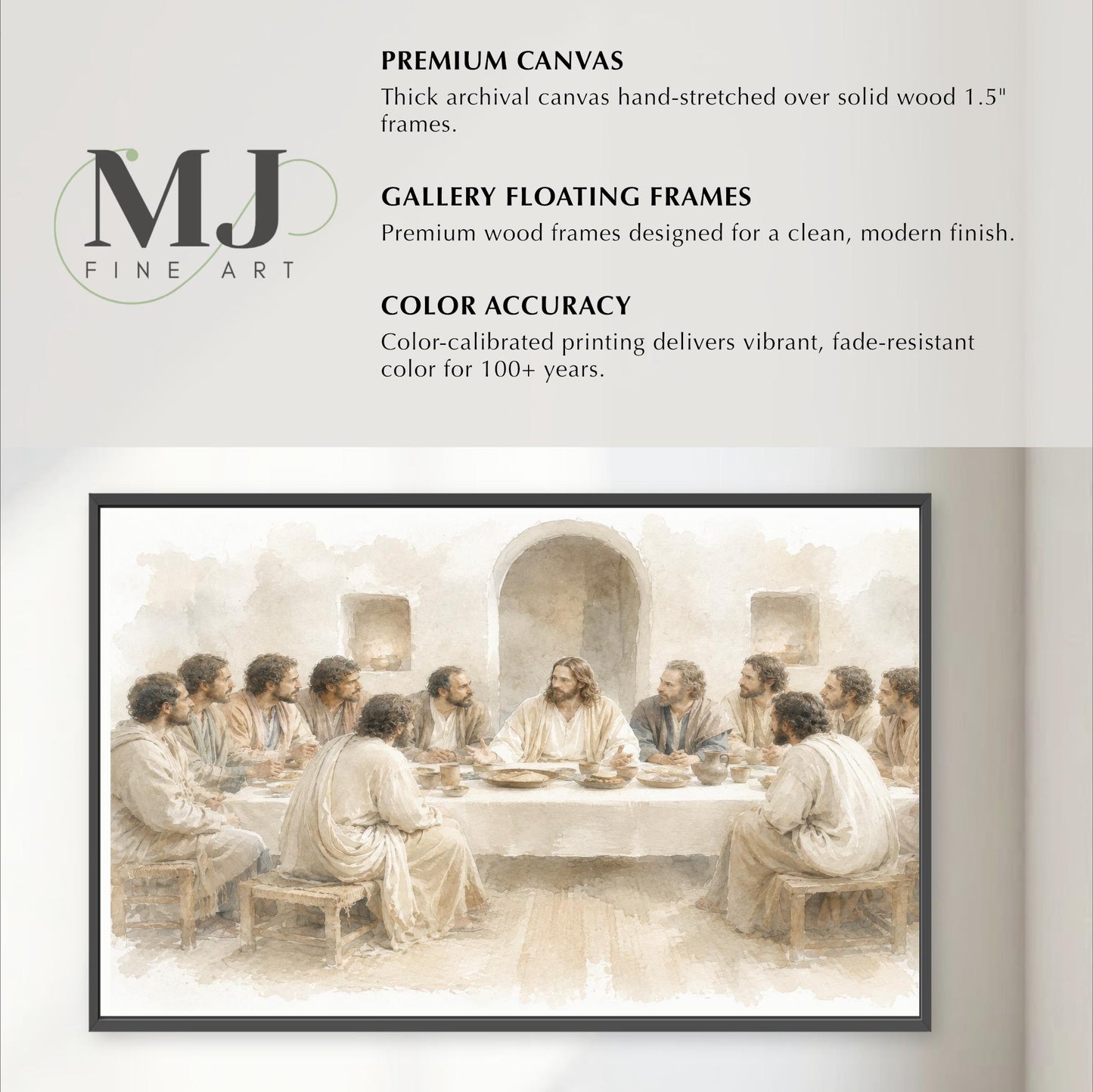 The image is a painting of Jesus Christ and his twelve followers gathered around a table for a meal, with the text "PREMIUM CANVAS" and "GALLERY FLOATING FRAMES" indicating the type of artwork and its design.
