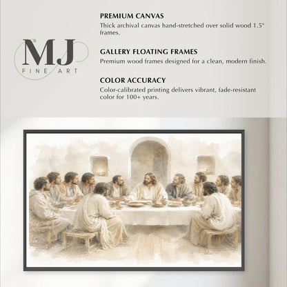 The image is a painting of Jesus Christ and his twelve followers gathered around a table for a meal, with the text "PREMIUM CANVAS" and "GALLERY FLOATING FRAMES" indicating the type of artwork and its design.
