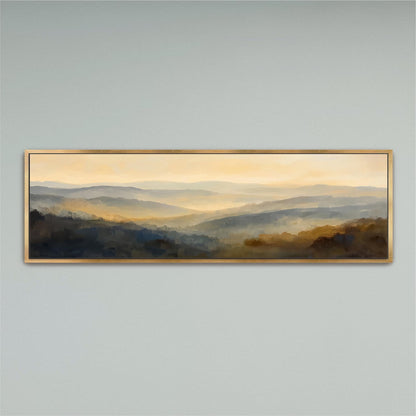 The image is a painting of a landscape depicting a mountainous area with a hazy, golden-yellow sky.
