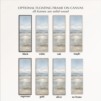 a collection of six framed landscape paintings, each with a different color and frame style. The frames are all solid wood, and the paintings depict various scenes, such as a beach, ocean, and sky. The frames are available in black, white, oak, maple, espresso, gold, and silver, and they are arranged in a grid format.
