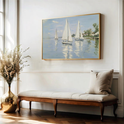 a serene indoor setting with a large painting of sailboats on the wall, a wooden bench, and a vase of flowers.