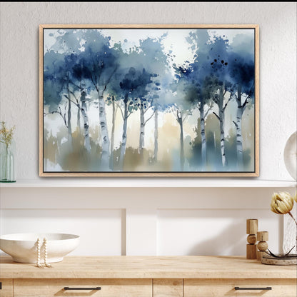 a large framed painting of a forest scene with blue and white trees, hanging on a wall above a wooden shelf with various decorative items.