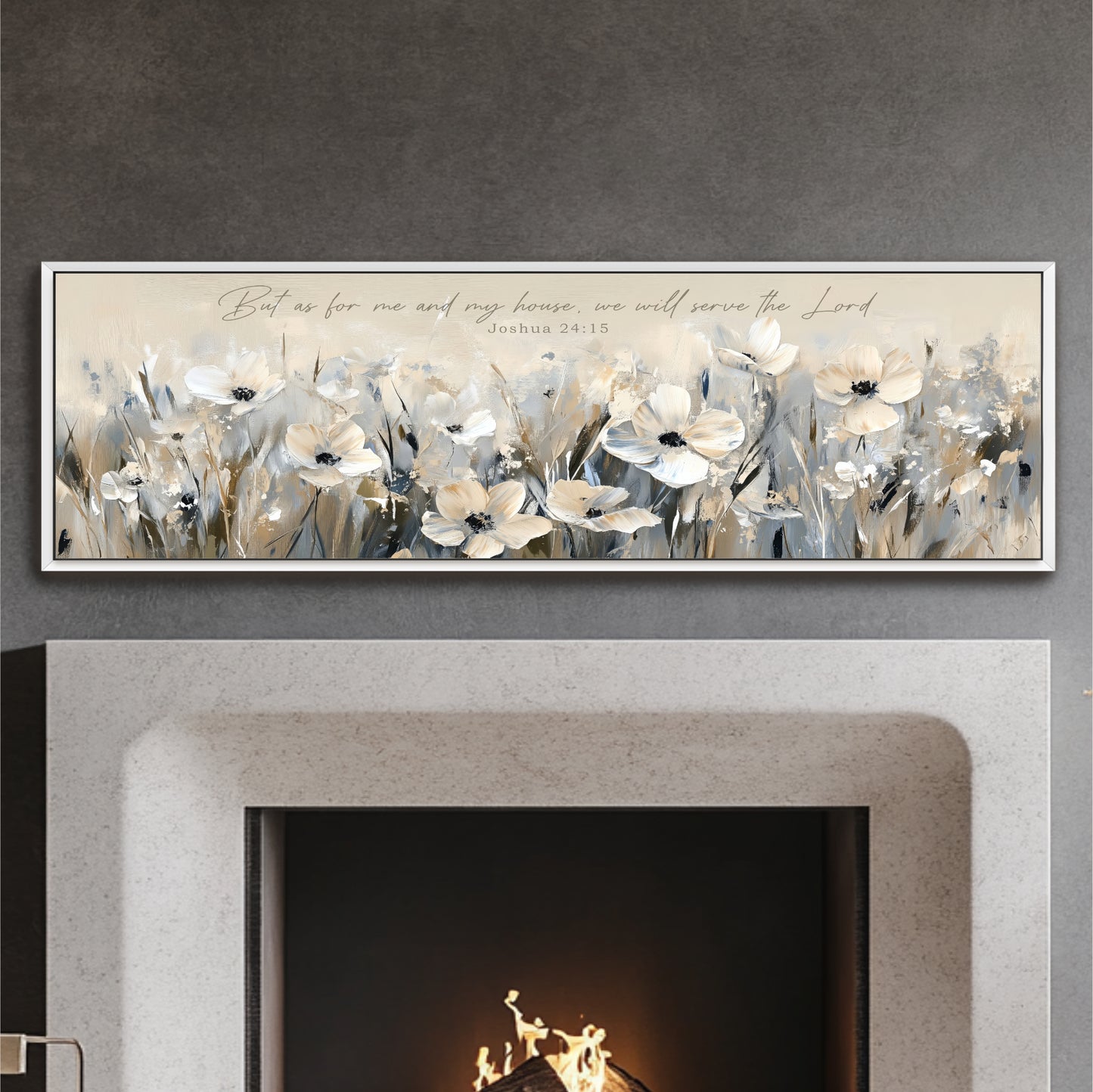 a framed painting of a field of white flowers above a fireplace.