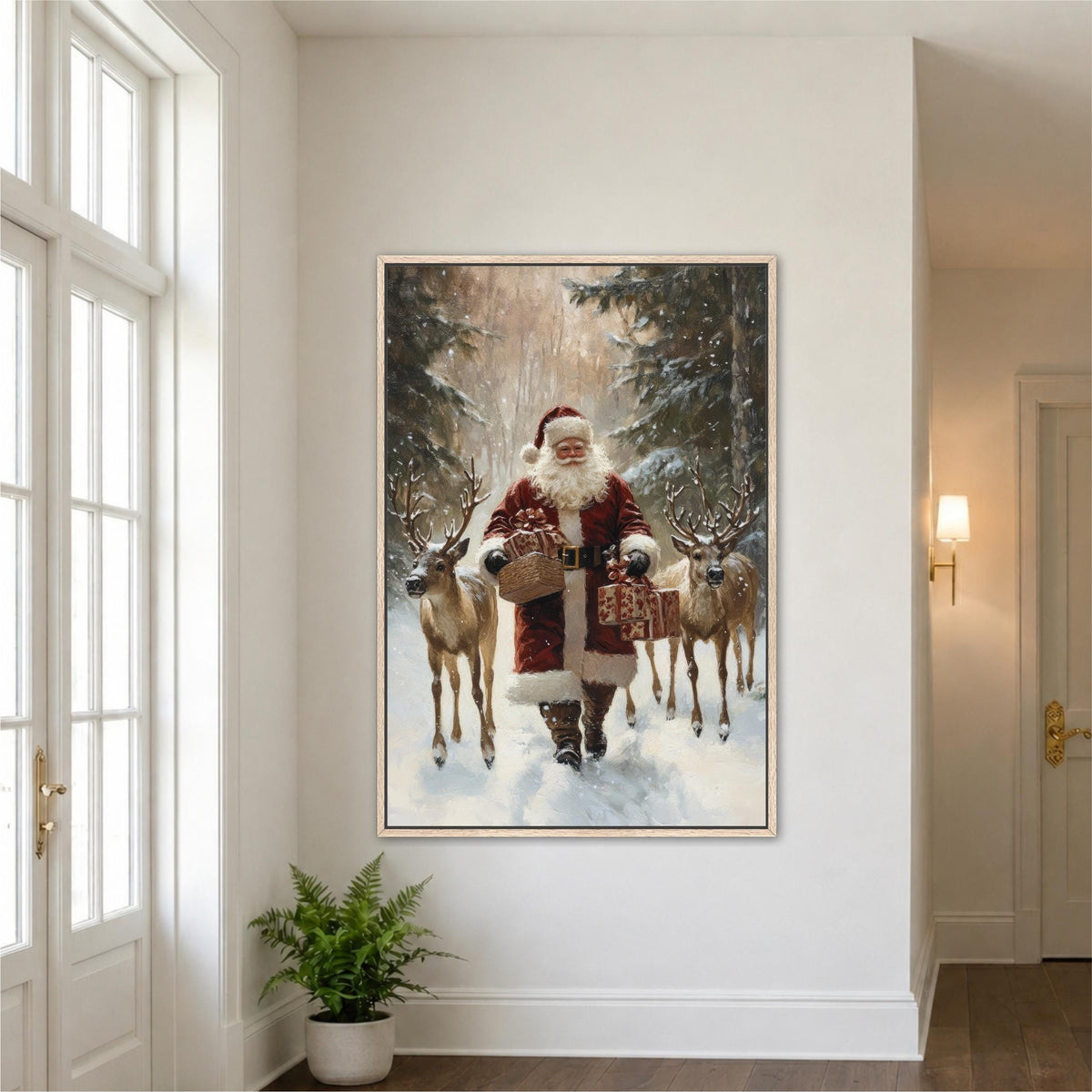 A framed painting of Santa Claus holding reindeer in a snowy forest setting.