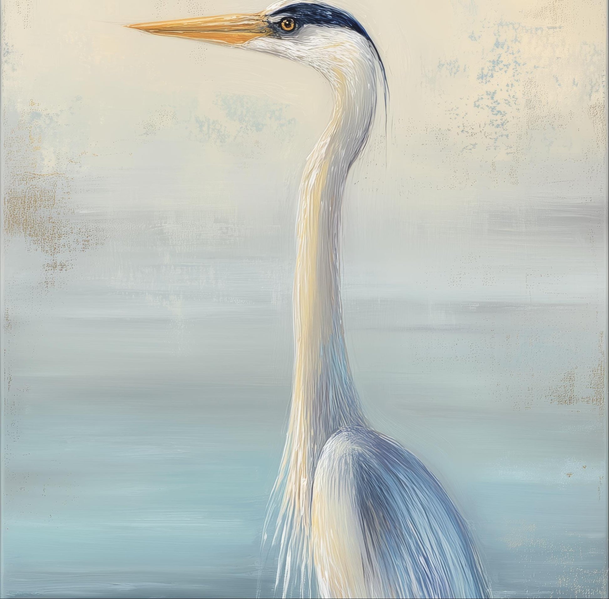 A close-up of a tall, elegant bird with a long neck and a distinctive beak, standing in a serene, light blue-green body of water.