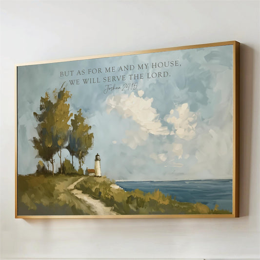 Bible Verse Wall Art, As for Me and My House we will serve the lord, Lighthouse Seascape Coastal sea Landscape, Scripture Framed Canvas Print Painting Joshua 24:15 Christian Religious artwork. Blue Green