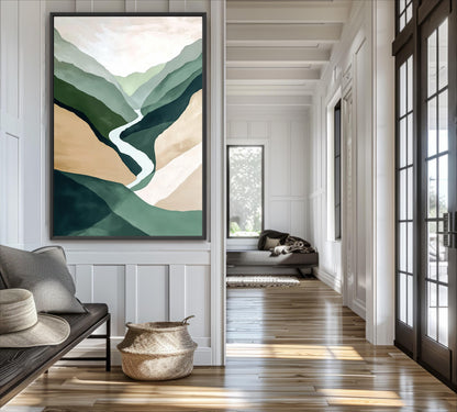 a modern and minimalist interior design with a large abstract painting of mountains on the wall, a wooden floor, and a seating area with a couch and a basket.