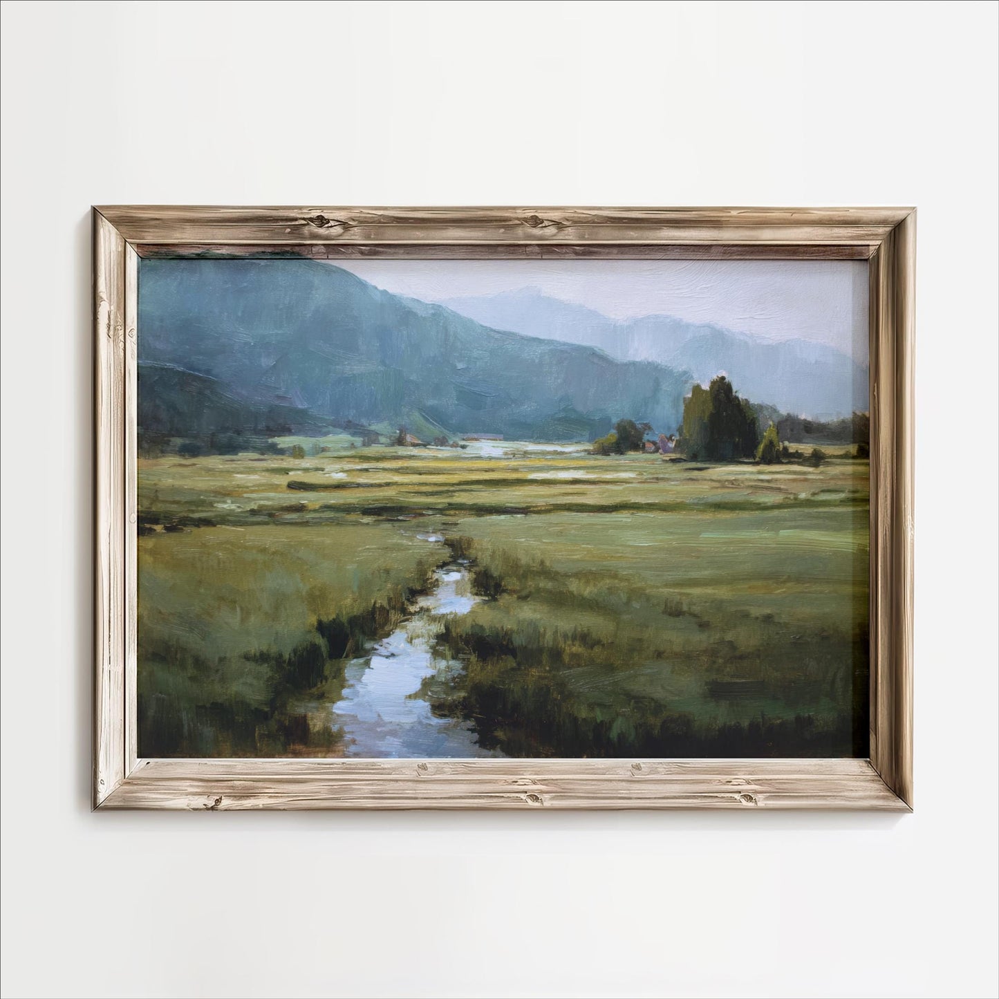 The image is a painting of a lush green field with a small stream running through it, set against a backdrop of mountains.