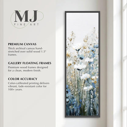 The image is an advertisement for a painting by MJ Fine Art, featuring a painting of white flowers against a white background. The text highlights the painting's premium quality, including its thick archival canvas, gallery floating frames, and color accuracy.