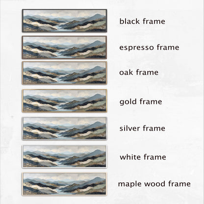a series of six framed landscape paintings, each with a different frame color and style. The frames include black, espresso, oak, gold, silver, and white frames, as well as a maple wood frame. The paintings are arranged in a row, showcasing the variety of frame options available for displaying artwork.