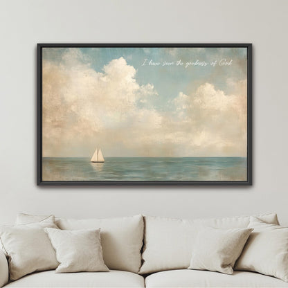 a serene scene of a sailboat on the ocean, with a cloudy sky above.