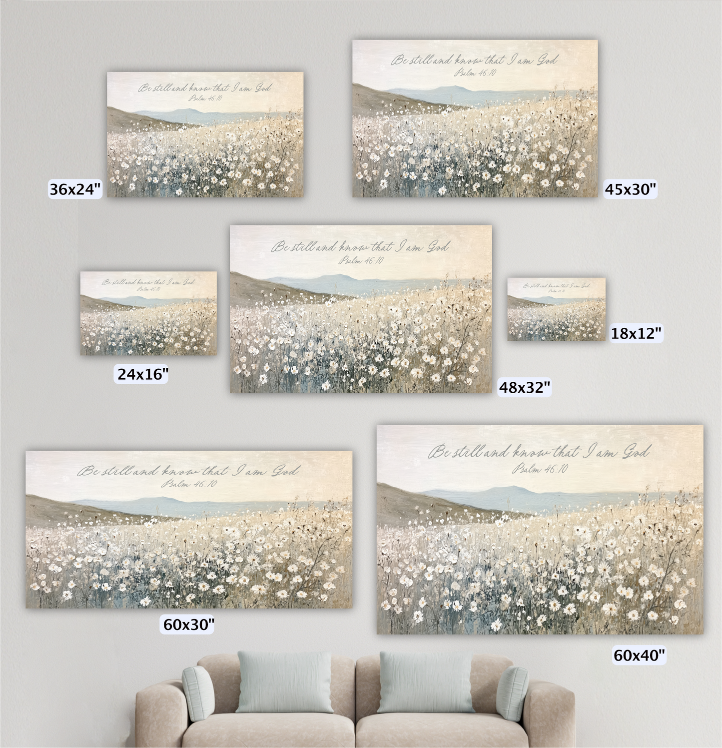 a collection of five landscape paintings depicting a field of flowers, each with a different size and frame. The paintings are arranged on a wall, and there is a couch in the foreground.