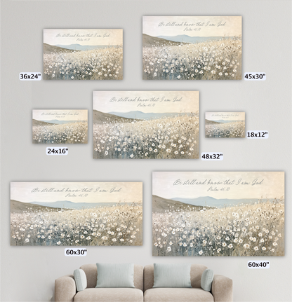 a collection of five landscape paintings depicting a field of flowers, each with a different size and frame. The paintings are arranged on a wall, and there is a couch in the foreground.