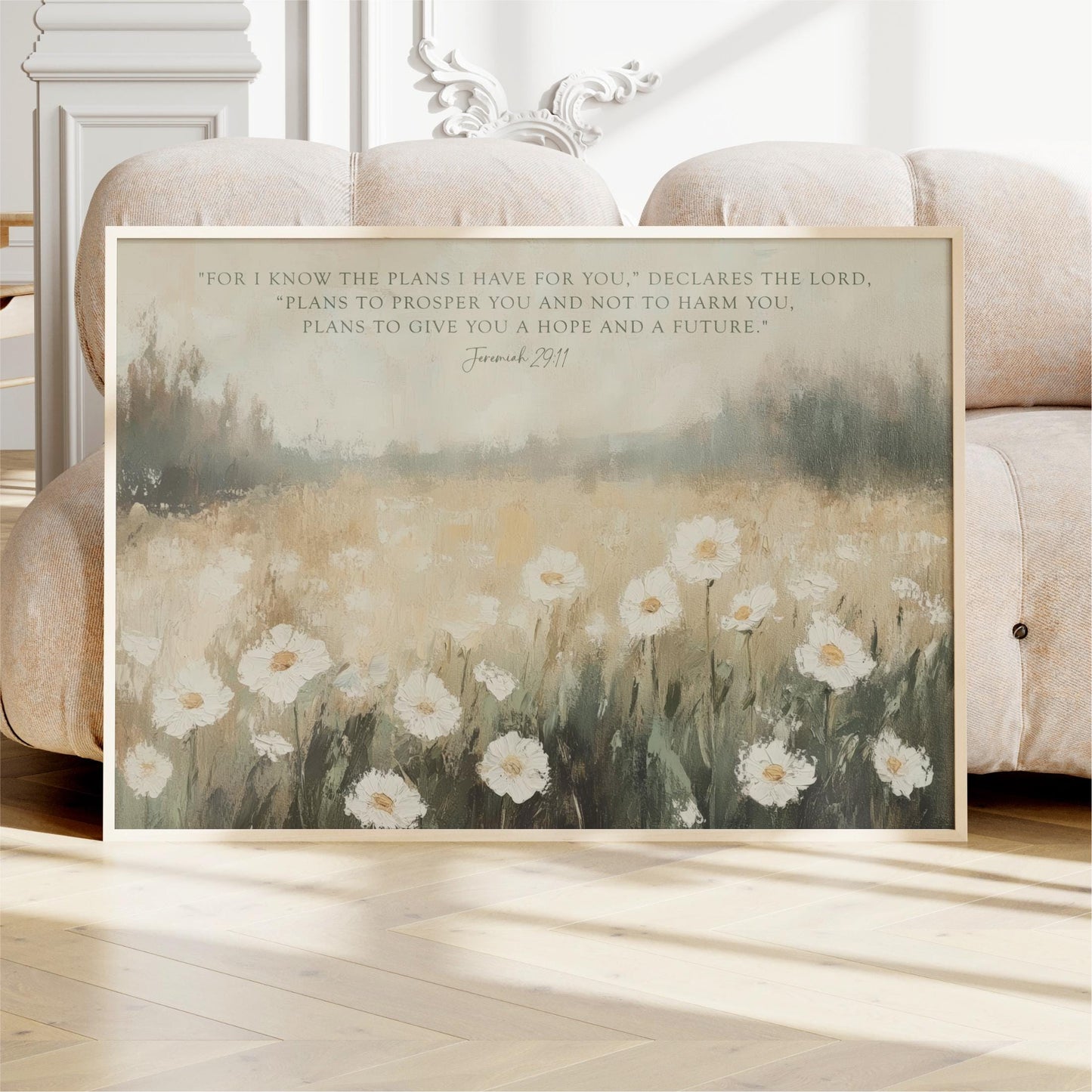a framed painting of a field of white flowers, with a text overlay that reads "For I know the plans I have for you, declares the Lord, Plans to prosper you and not to harm you, Plans to give you hope and a future."