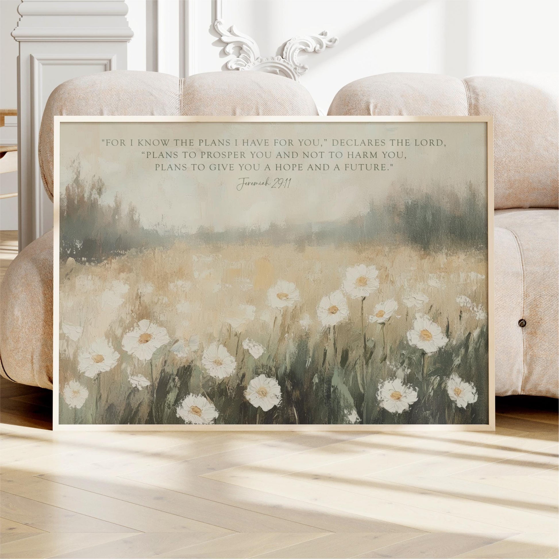 a framed painting of a field of white flowers, with a text overlay that reads "For I know the plans I have for you, declares the Lord, Plans to prosper you and not to harm you, Plans to give you hope and a future."
