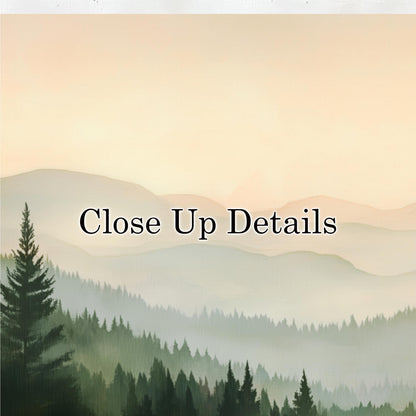 a serene forest landscape with a misty mountain range in the background.