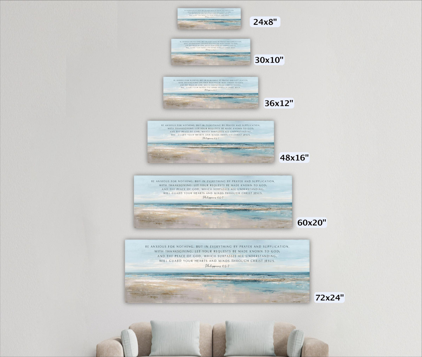 a series of six identical paintings or illustrations of a beach scene, each varying in size and orientation. The largest painting is 60x20 inches, while the smallest is 24x8 inches. The paintings are arranged in a descending order from top to bottom, with the largest one being the largest and the smallest being the smallest.