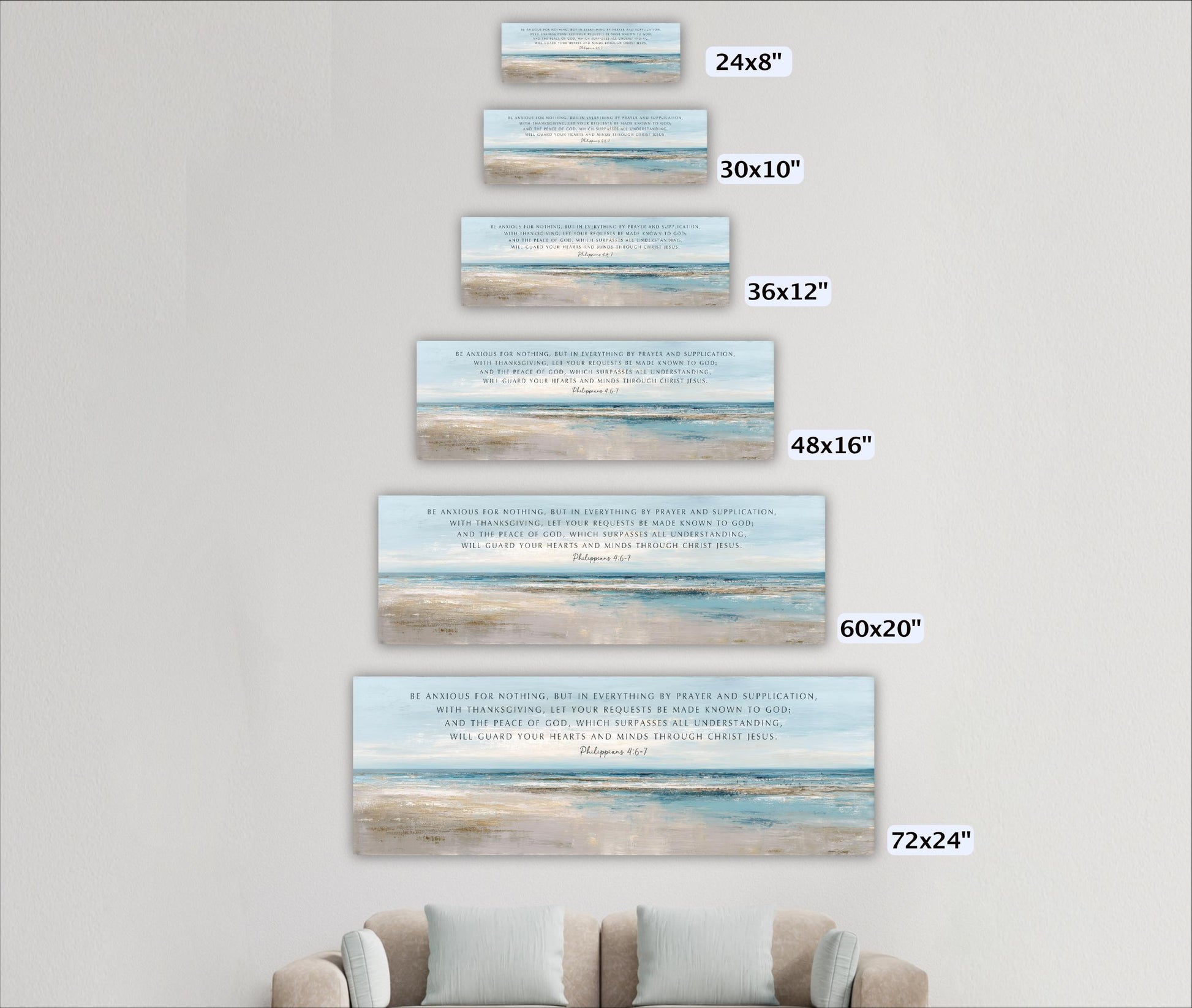 a series of six identical paintings or illustrations of a beach scene, each varying in size and orientation. The largest painting is 60x20 inches, while the smallest is 24x8 inches. The paintings are arranged in a descending order from top to bottom, with the largest one being the largest and the smallest being the smallest.