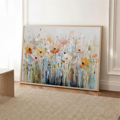 a large, vibrant painting of a field of colorful flowers, including pink, orange, and yellow blooms, set against a light background.