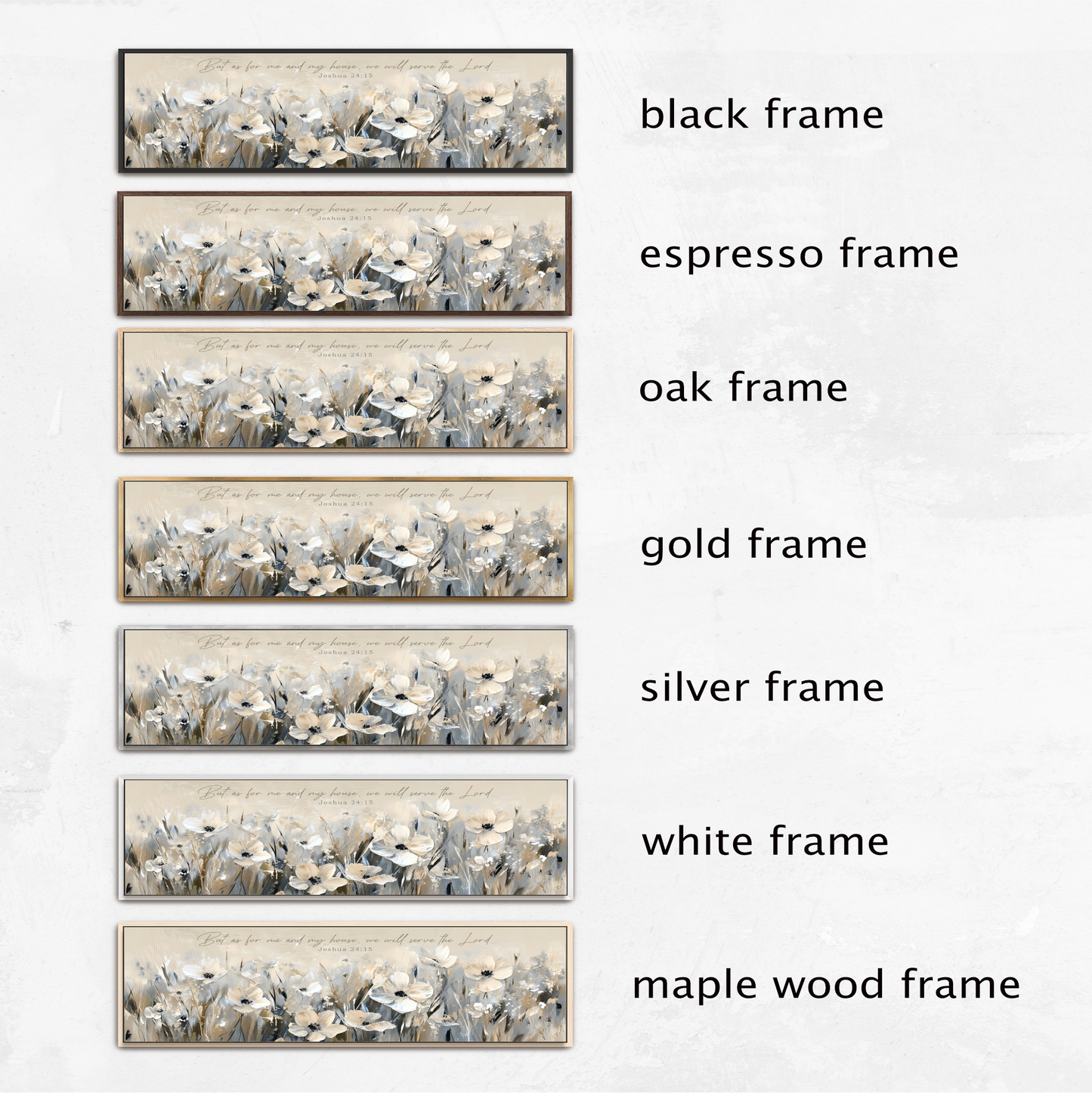 a series of framed artworks, each with a different frame color and style. The artworks are arranged in a row, showcasing the various options available for framing.
