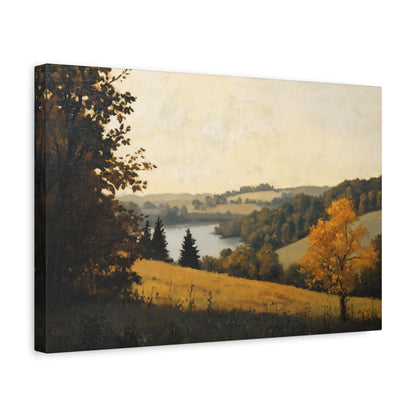 The image is a painting depicting a serene landscape with a river, trees, and a field.