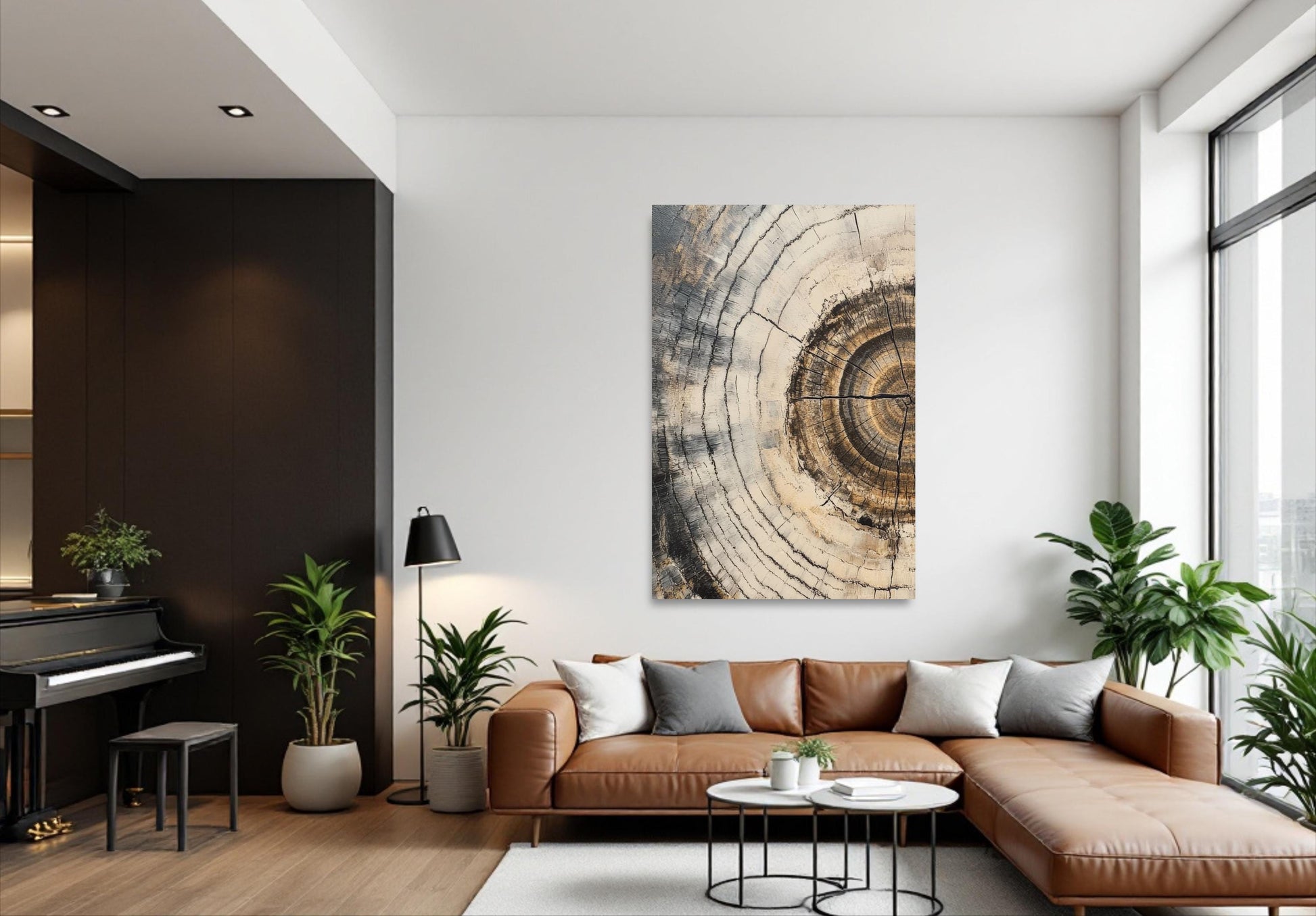 a living room filled with furniture and a painting on the wall