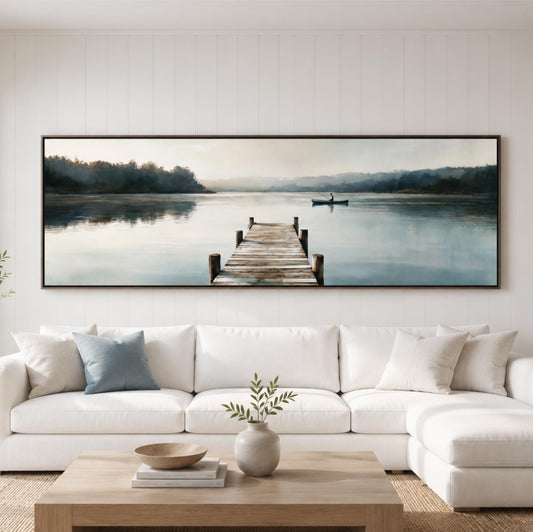 Oversized Lake Wall Art, Panoramic Landscape Canvas, Neutral Nature Wall Decor, Cabin Decor, Calm Lake House Art, Modern Rustic Wall Art