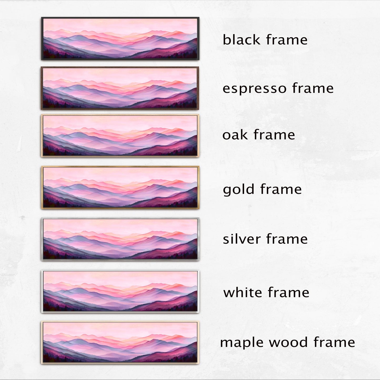 a series of six framed landscape paintings, each with a different frame color and style. The paintings feature a mountain landscape with a pink and purple sky. The frames include a black frame, an espresso frame, an oak frame, a gold frame, a silver frame, and a white frame. The maple wood frame is also present in the collection.