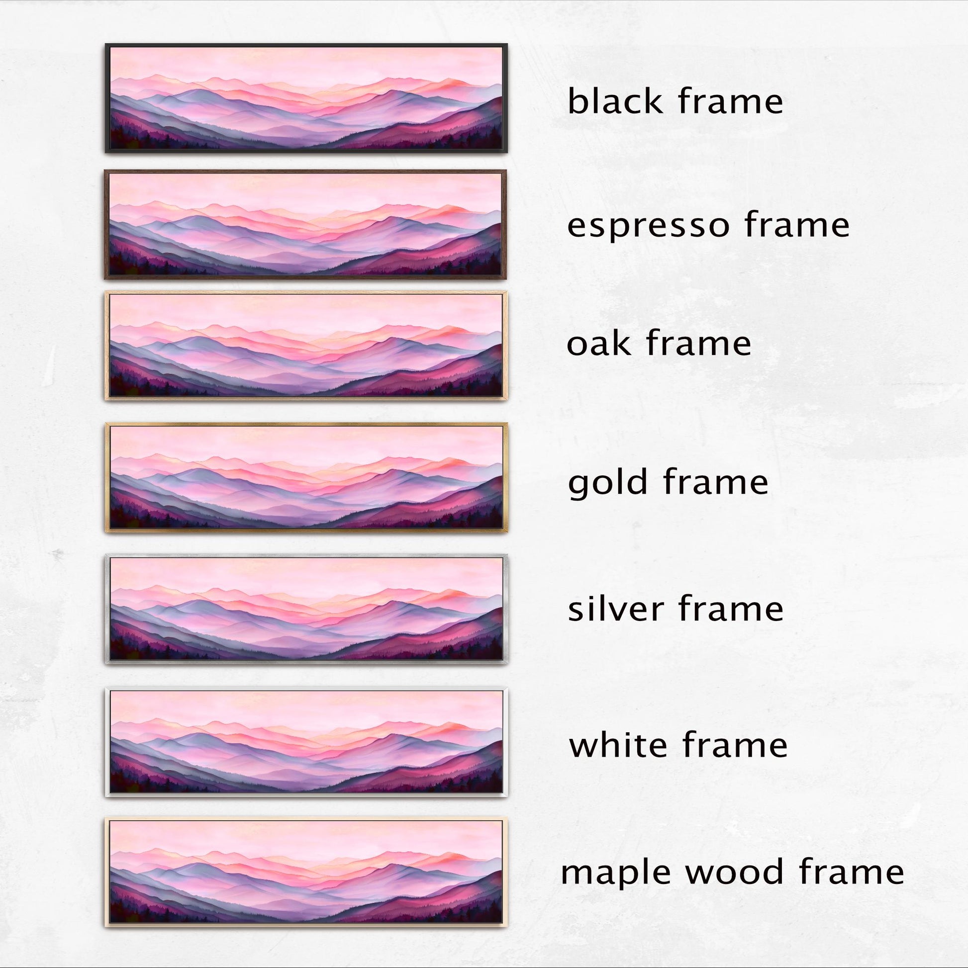 a series of six framed landscape paintings, each with a different frame color and style. The paintings feature a mountain landscape with a pink and purple sky. The frames include a black frame, an espresso frame, an oak frame, a gold frame, a silver frame, and a white frame. The maple wood frame is also present in the collection.