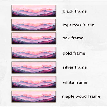 a series of six framed landscape paintings, each with a different frame color and style. The paintings feature a mountain landscape with a pink and purple sky. The frames include a black frame, an espresso frame, an oak frame, a gold frame, a silver frame, and a white frame. The maple wood frame is also present in the collection.