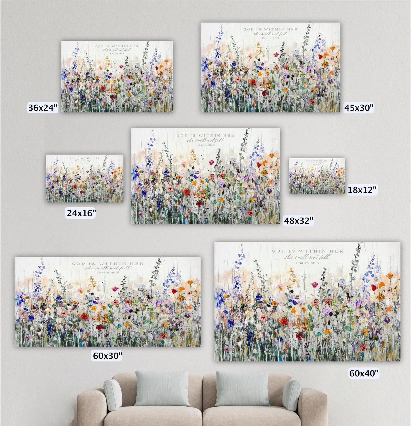 a collection of five framed artworks depicting various scenes of nature, including flowers and plants. The artworks vary in size, ranging from 36x24" to 48x32" and 60x30" to 60x40" depending on the frame size. The artworks are displayed on a wall, with a couch in the foreground.