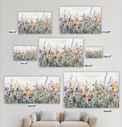 a collection of five framed artworks depicting various scenes of nature, including flowers and plants. The artworks vary in size, ranging from 36x24" to 48x32" and 60x30" to 60x40" depending on the frame size. The artworks are displayed on a wall, with a couch in the foreground.