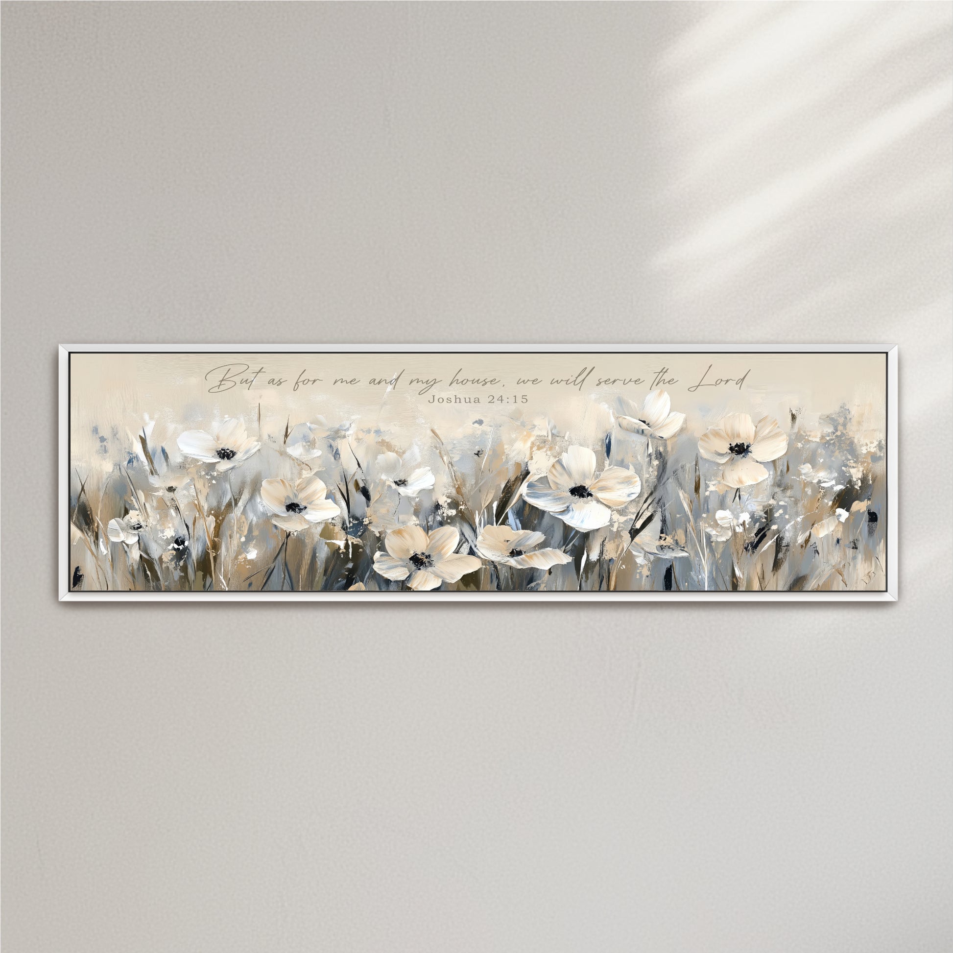 The image is a framed print featuring a field of white flowers against a light background.