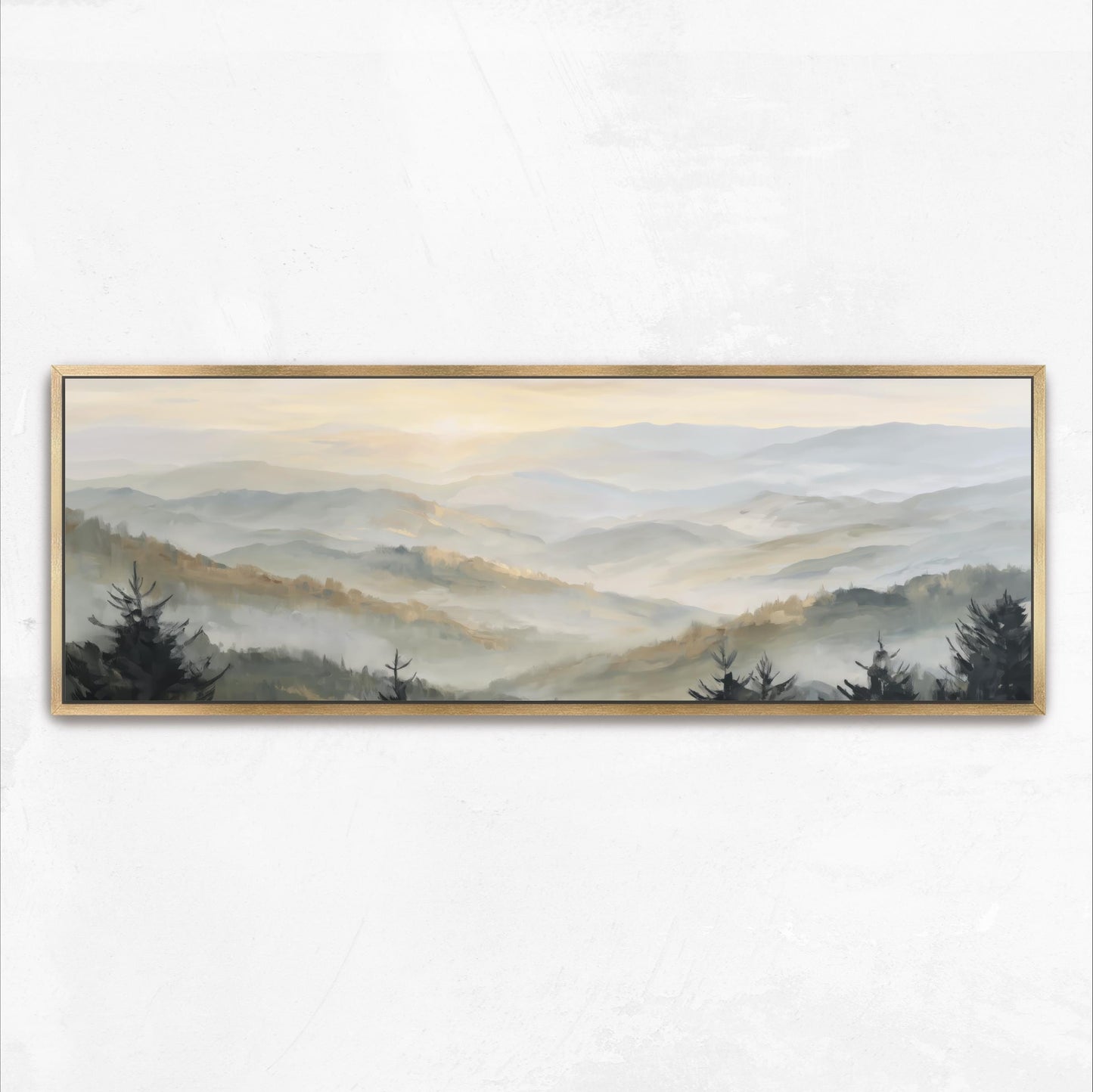 A framed landscape painting depicting a serene mountain range with rolling hills and pine trees in the foreground.