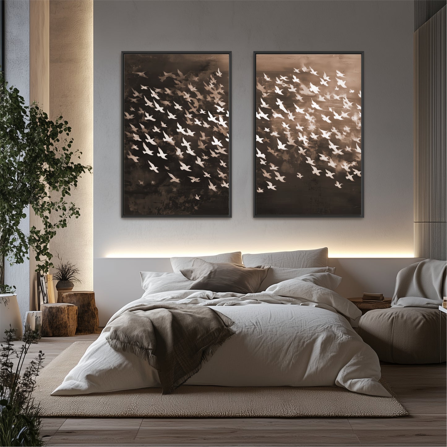 a serene and modern bedroom with a large bed, a wooden headboard, and two framed artworks of birds on the wall.