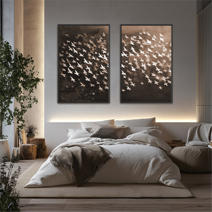 a serene and modern bedroom with a large bed, a wooden headboard, and two framed artworks of birds on the wall.