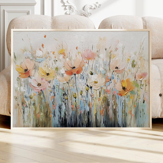 Pastel Wildflowers Wall Art, Floral Landscape, Oil Paint Effect Artwork, Framed Canvas Print, Nature Decor Above the Bed Wall Art