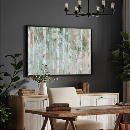 a modern and stylish home office with a large abstract painting of trees hanging on the wall above a wooden desk with a white chair.