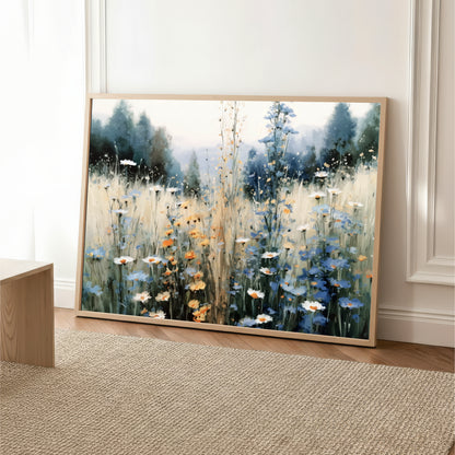 a large painting of a field of flowers, with a mix of blue, orange, and white flowers. The painting is framed and displayed on a wall, creating a serene and natural atmosphere.