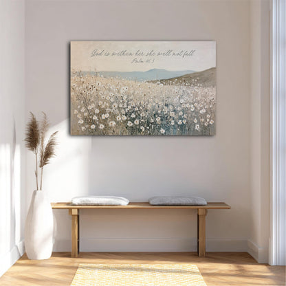 a serene indoor setting with a wooden bench, a white vase, and a potted plant. Above the bench, there is a large painting depicting a field of flowers. The painting is accompanied by a Bible verse from Psalm 19:3, which reads "God is within her, she will not fall".